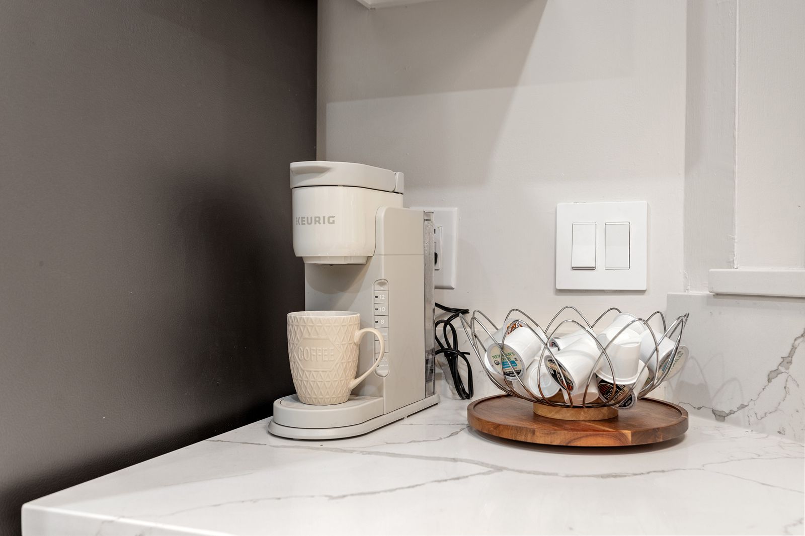 Keurig coffee station on a quartz counter